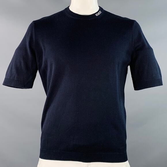 GUCCI Size XL Navy White Logo Silk Cotton Short Sleeve Crew Neck Pullover - Picture 1 of 8